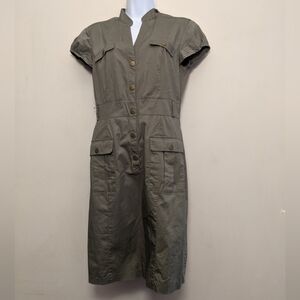 H&M Olive Green Button-Up Stretch Cargo Knee Length Dress 10